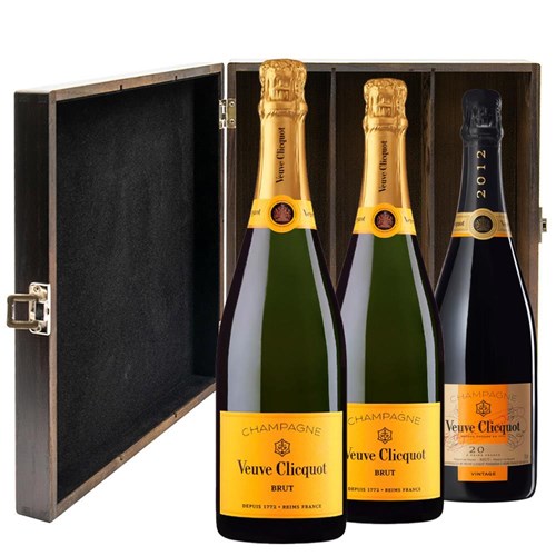 2 x Veuve Brut And 1 x Veuve Vintage Treble Elm Wood Gift Boxed Champagne (3x75cl)